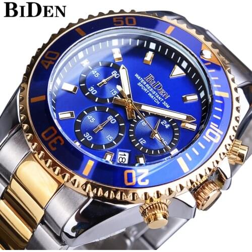BIDEN Navy Bule Dial Men Quartz Stainless Steel Waterproof Chronograph Army Miliatry Sport Calendar Wrist Watch Top Brand Luxury