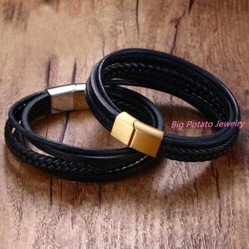 Granny Chic Fashion Stainless Steel Chain Genuine Leather Bracelet Men Vintage Male Braid Jewelry for women