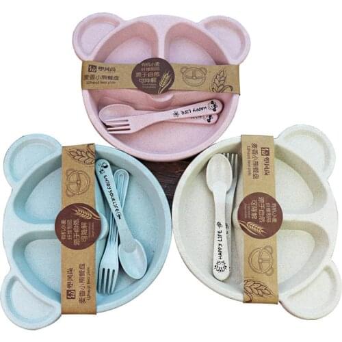 Baby bowl+spoon+fork Feeding Food Tableware Set Cartoon Bear Kids Dishes Eating Dinnerware Anti-hot Wheat Straw Training Plate