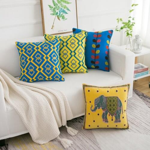 Cushion Cover Yellow Grey Elephant Geometric Circle Cotton Square Embroidery Pillow Cover 45x45cm Home Decor