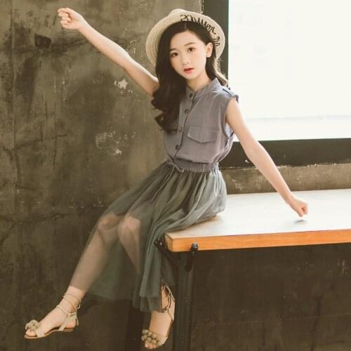 Summer girls new dress, big boy baby sleeveless shirt collar, lace dress, two-piece