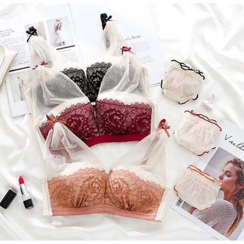 Wasteheart New Women Fashion Red Black Lace Bow Mesh Sexy Lingerie Cross Straps Cotton Panties Wireless Bra Sets Underwear