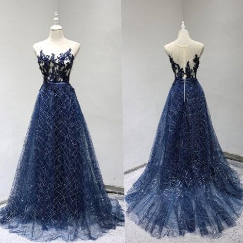 Eye Catching Navy Blue Evening Dresses Shining Beading Applique with Sequins Long Prom Gowns