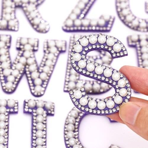 Purple Letters Pearl Rhinestone Patches A-Z Alphabet Rhinestones Applique Sew On/Glue On Patches For Clothes DIY Name 1Pcs 45MM