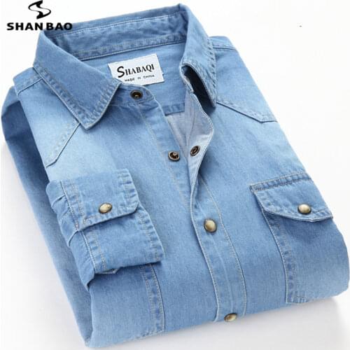 SHANBAO Mens Slim Denim Shirt 2021 spring Luxury High Quality 100% Cotton Square Collar Pocket Button Fashion Long Sleeve Shirt