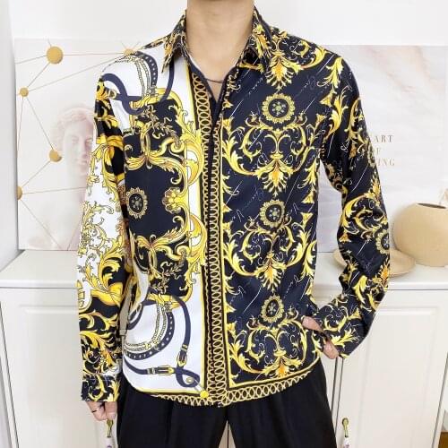 Hip Hop 3D Palace Gold Flower Mens Long Sleeve Shirt Fashion Baroque Party Dress Shirt Desigher Spring Summer Printed Shirt