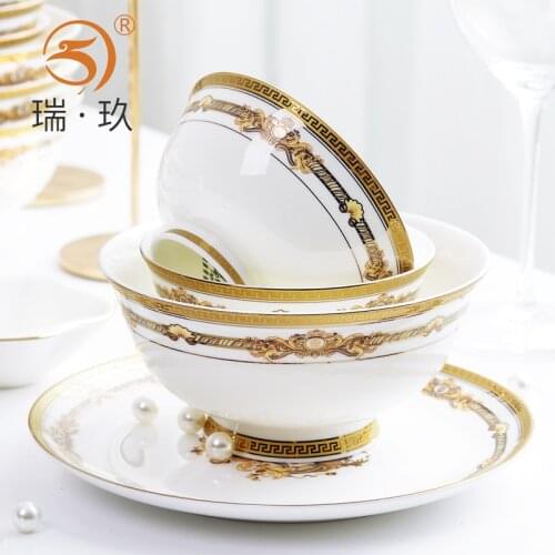 Tangshan bone china tableware, Chinese household bowls, plates, spoons and ceramic soup pot bowl optional combination