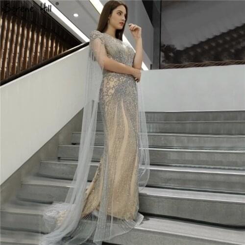 Serene Hill Grey With Cape Sleeves Mermaid Evening Dress Dubai O-Neck Full Diamond Luxury Formal Party Gown 2020 CLA70401