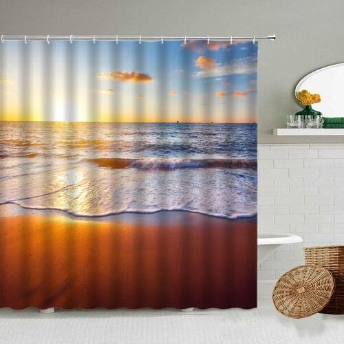 Ocean Beach Sunshine Shower Curtain Sea Scenery Bathroom Decoration Waterproof Cloth Curtains With Hook Set Machine Washable