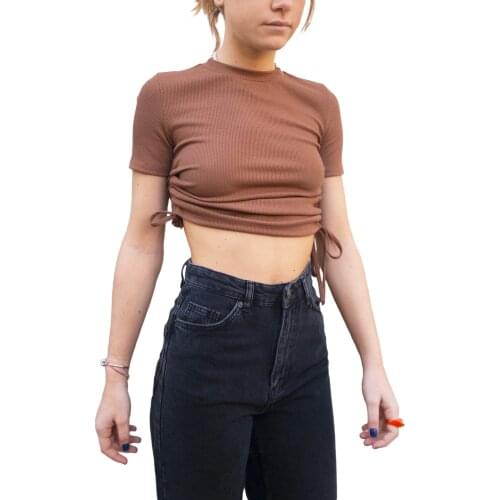 2021 Summer Simple Sexy Drawstring Short T-Shirt Women Short Sleeve O Neck Solid Slim Fit Crop Top Streetwear Girl Casual Tops