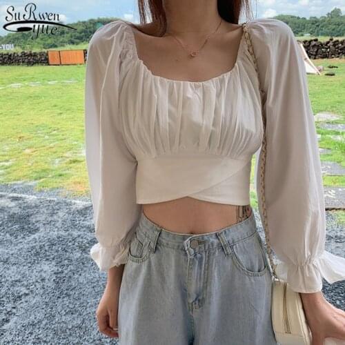 Korean Chic Long Sleeve Womens Shirt Short Slim Slash-neck Fashion Top Female Streetwear Womens Blouse 2021 Summer New 12927