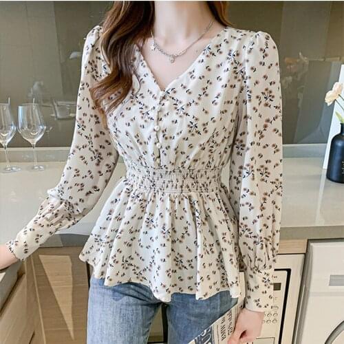 2021 Autumn Woman Top Blusa Mujer Printed Chiffon Blouse Elegant Women Long Sleeve Shirt Female Slim Waist Tops Blouses Ladies