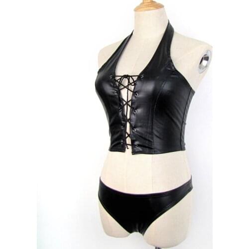 Women Faux Leather Halter Bras G-string Lingerie Sets Bandage Nightwear Black Bra Brief Sets 2018 Hot