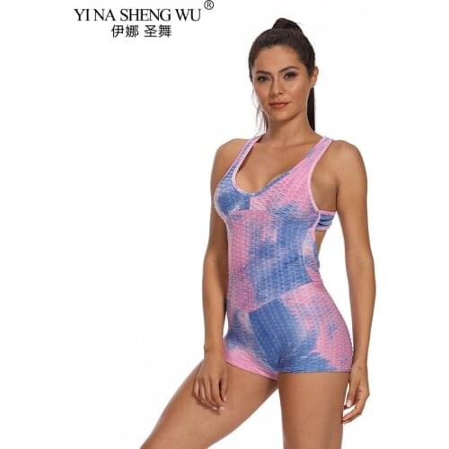 Fitness Women Sport Suit Jumpsuit Sexy Sleeveless Tracksuit Yoga Backless Gym Running Tie-dye Sportswear Leggings Workout Sport