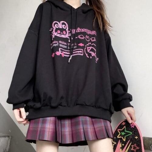 Japanese cartoon Harajuku hooded plus size casual Ulzzang Letter new female kawaii tops loose cartoon Gothic hooded sweatshirt