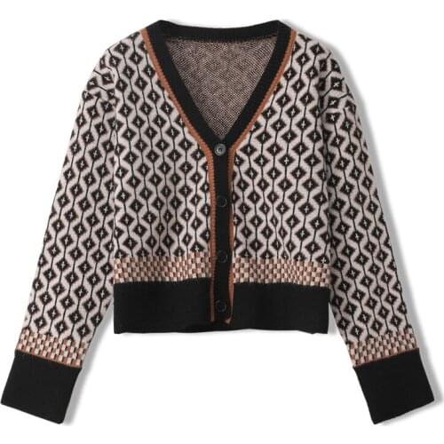 Plaid Knitting Cardigans Autumn Winter Woman Loose Diamond Check Pattern Retro Sweater Female Long Sleeve V-Neck Button Jumper