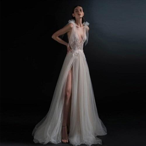 ANTI Sexy V-Neck Backless Formal A-Line Evening Dresses Long 2019 Woman Tulle Beading Appliques Robe De Soiree for Beach Party