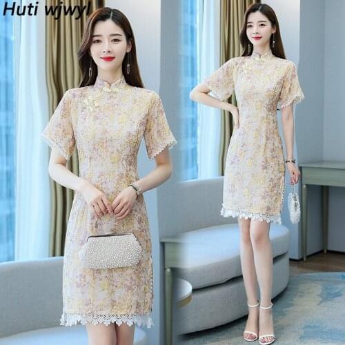 Plus Size Vintage Solid Sexy Mini Club Runway Dresses 2021 Summer Lace Chinese Style Dress Elegant Women Bodycon Party Vestidos
