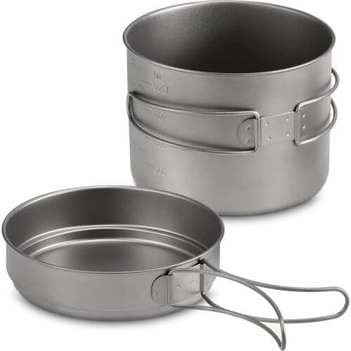 1100ML / 1600ML Titanium Pot Pan Set Super Lightweight Camping Cookware Set Outdoor Tableware Cooking Tool with Folding Handle