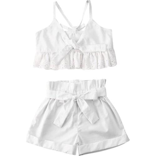 Free shipping Toddler Baby Kids Girls Clothes Sleeveless Lace V-neck strap pullover Vest Bandage solid Shorts 2pc lovely Outfit