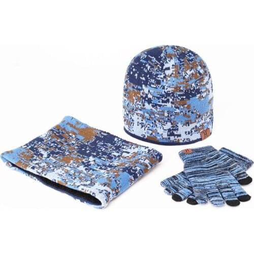 Unisex Winter 3Pcs Camouflage Knit Warm Beanie Hat Scarf Touch Screen Gloves Set X7JB