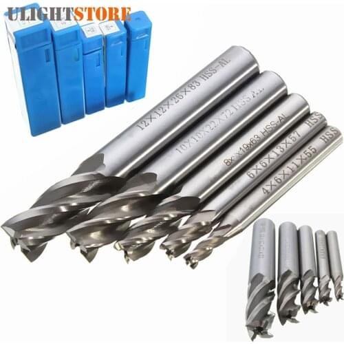 5pcs Mill 4 Flute End Metal Mill Cutter Drill Bit Set HSS High Speed Steel Straight Shank Drill Bits 4mm 6mm 8mm 10mm 12mm