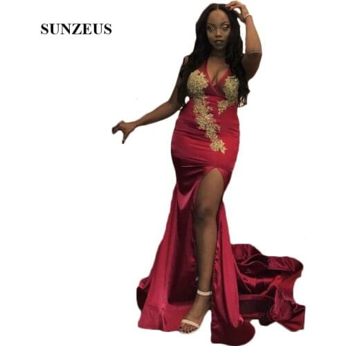 Wine Red Satin Prom Gowns with Gold Appliques Black Girls Prom Graduation Dresses Leg Slit Backless Sexy Evening Party Gowns