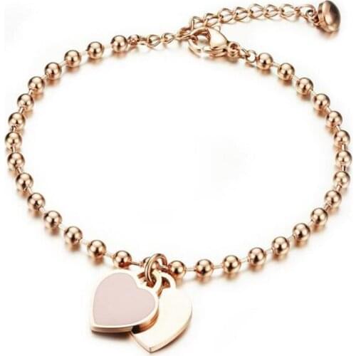 Stainless Steel Mini Double Pink Heart Rose Gold Chain Link Women Bracelet Jewelry Gift For Him