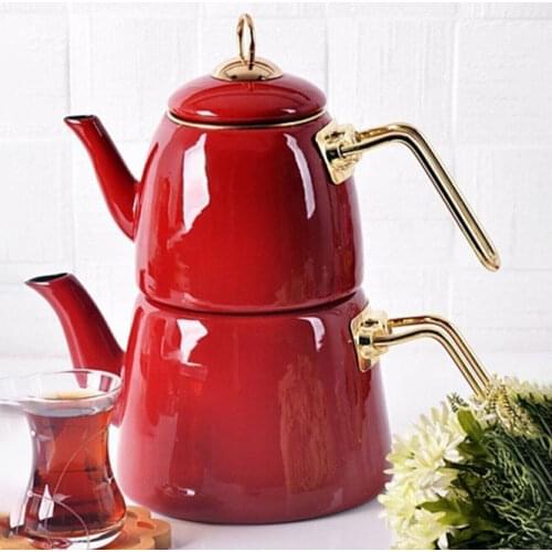 Elite Class Enamel Teapot Red Tea Stove with Handle 2 Pcs Durable