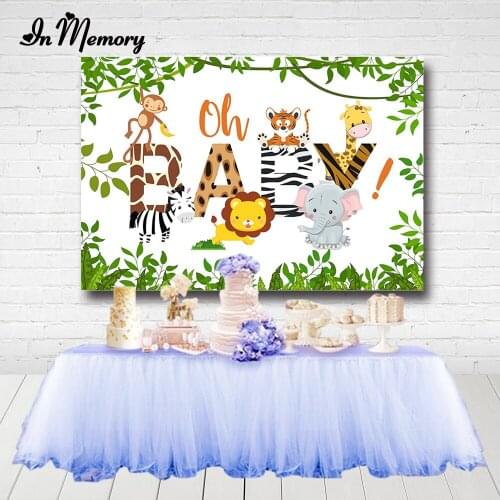 InMemory Oh Baby Shower Backdrops For Photography Green Leaves Cartoon Lion Elephant Animals Kids 1st Birthday Party Backgrounds