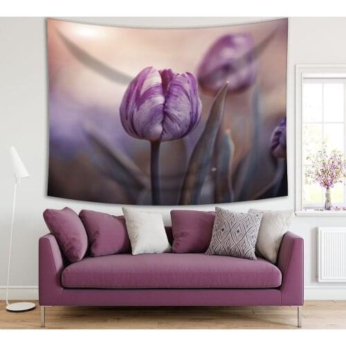 Tapestry Tulips horse Sunset Spring Garden Flowers Becomes Blurred Background Closeup Photo Purple Beige