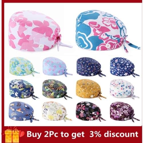 Button Surgical Cap Print Pharmacy Pet Shop Women Doctors Cap Floral Nurse Fashion Classic Sweat-absorbent Towel Surgical Cap