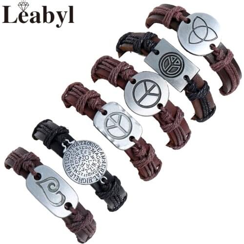 6 Pcs/Set Leabyl Classic Brown Cow Leather Strap Vintage Bracelet for Men Boy Gift Retro Geometric Bead Punk Bracelet Set Casual