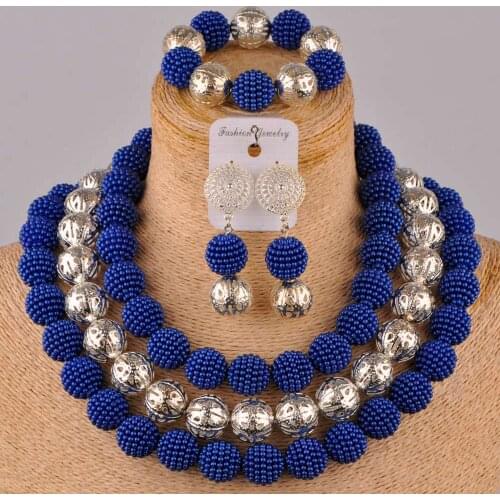 Royal blue and silver african beads nigerian jewelry set women costume necklace african set ZZ20