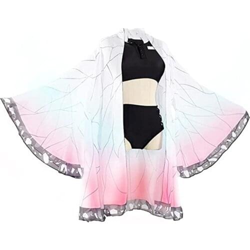 Kimetsu no Yaiba Swimsuit Demon Slayer Kochou Shinobu Cosplay Costume Summer Chiffon Cape Halloween Girl Vest Shorts Set Kimono