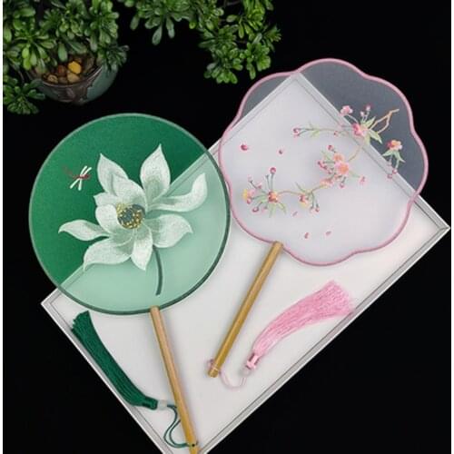 Embroidery Circular Fan Chinese Style Classical Ancient Costume Han Fu Clothing Cheongsam Ancient Style with Long Handle Tassel