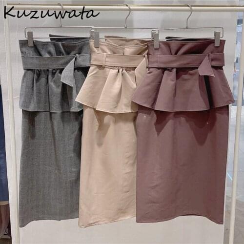 Kuzuwata 2021 Autumn New Jupes Japan Style Sweet Faldas Solid Plaid High Wasit Button Belted Folds Front Slit Women Hip Skirts