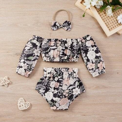 Summer 3Pcs Little Girls Outfit Children Sweet Style Off Shoulder Floral Printing Crop Tops + Shorts + Bow Headwear Set