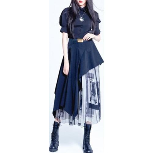 Fashion Designer Skirt Set Women Solid Single Breasted Shirt+High Waist Mesh Patchwork Classic Skirt Suits High Streen