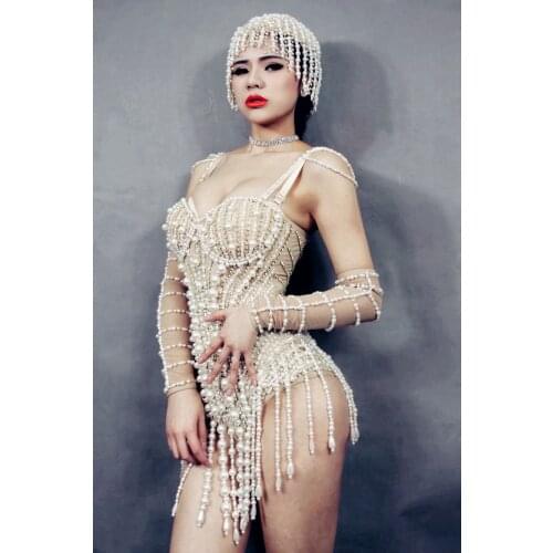 Nightclub Celebrate Party One-Piece Wear Women Prom Outfit Sparkly Crystals Pearl Bodysuit Costume Sexy Crystals Leotard DJ DS