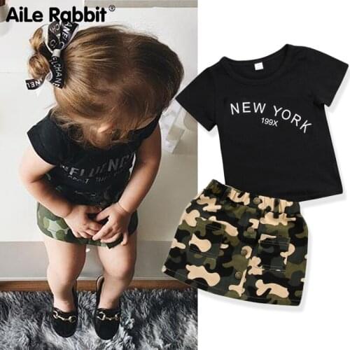 Newborn Kid Baby Girl Clothes Round Neck Short Sleeve Letter Print Top Camouflage Button Pocket Skirts 2pc Toddler Cotton Outfit