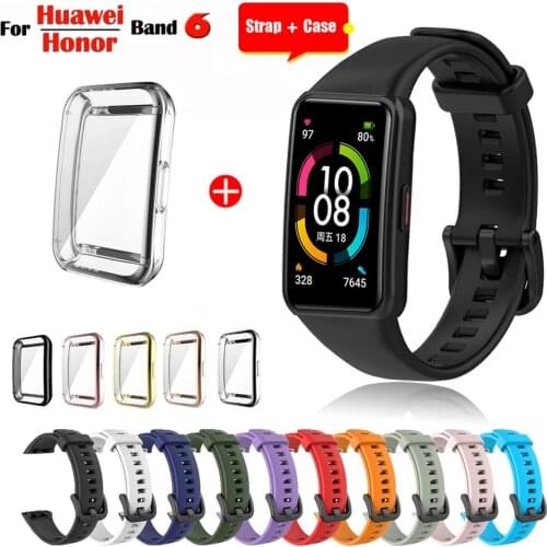 Silicone Strap For Huawei Band 6 Pro Strap With TPU Full Screen Protector Case Replacement Watchband For Honor Band 6 Strap