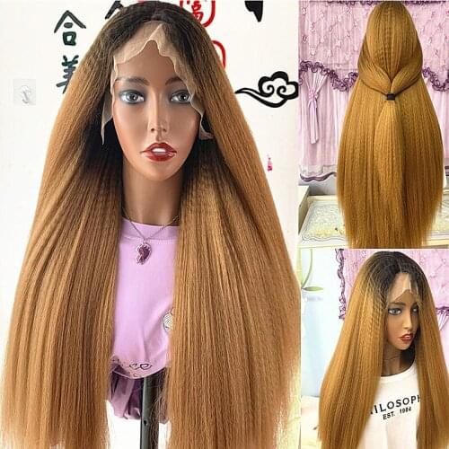 Synthetic Kinky Straight Front Lace Wigs For Perfume Women Long Straight Fake Hair Wig Medium Ombre Blonde Swiss Lace Hair Wig