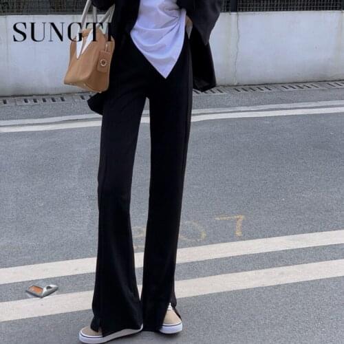 Sungtin Fashion Black Split Flare Pants Women Vintage Korean High Waisted Long Pants Summer Casual Solid Trousers Streetwear New