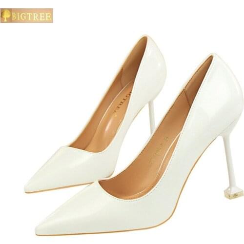 BIGTREE fashion shoes woman pumps 9.5CM Thin high-heeled leather shallow mouth pointed Toe high heels nightclub womens shoes