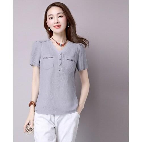 Shirts Women Summer T Plus Size Korea Style Cotton T-shirt Ladies V-Neck Slim Casual T-shirts Camiseta Mujer WXF104