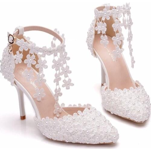 Crystal Queen Rhinestone Pointed Toe Women High Heels Flower Lace Ankle Strap Sandals Pearl Decoration Party Wedding Shoes