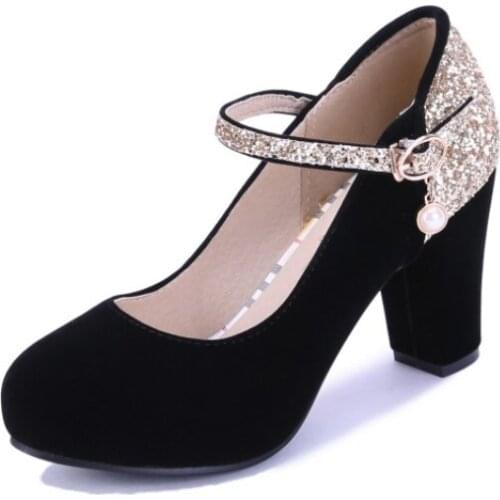 Big Size ladies high heels women shoes woman pumps Suede round head, thick heel and high heel color-matching buckle