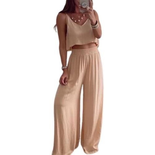 Women 2 Piece Set Sleeveless Solid Color Skin-friendly Sling V-neck Top Wide Leg Pants Outfit Tracksuit Summer Casual Clothing