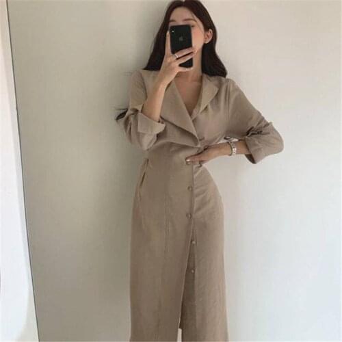 Autumn Korean Single Breasted Long Midi Dress Women Notched Collar Long Sleeve Elegant Party Dress Office Lady High Waist B435